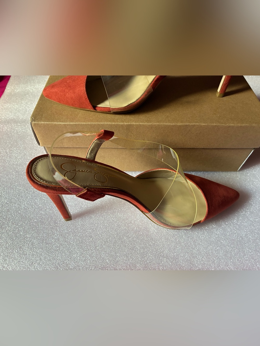 Jessica Simpson Orange Suede Pointed-Toe Clear Strap Stiletto Heels: ELEGANT🔥 - Picture 4 of 8